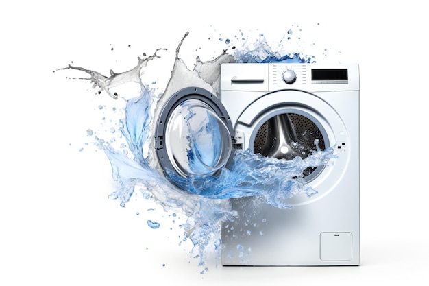 Broken washing machine with water splashing out on white background