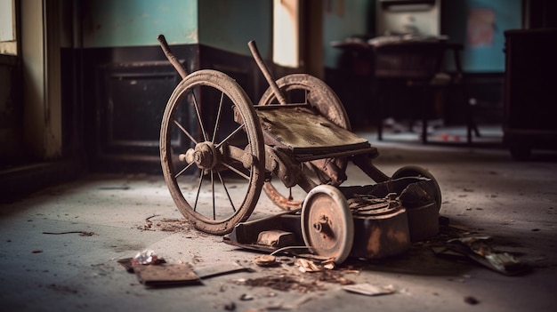 A broken wheel in a room with a broken wheel