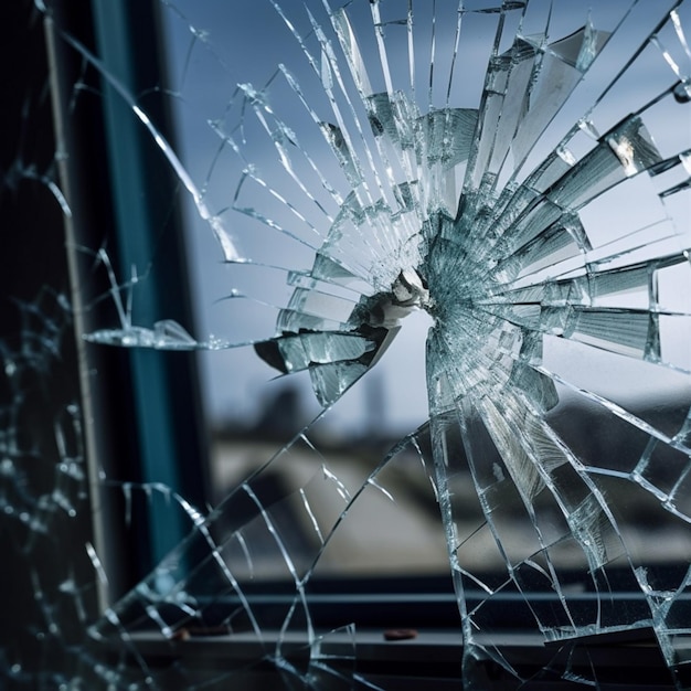 A broken window with a broken glass that has the word broken on it.