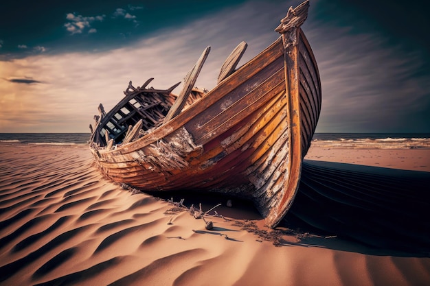 Broken wooden boat on sand on seashore