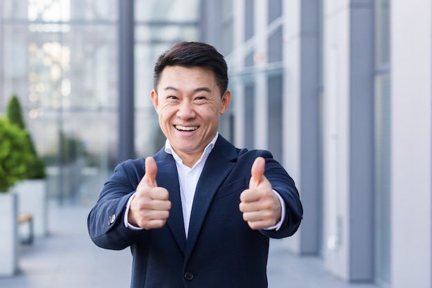 Брокер азиатский бизнесмен в деловом костюме с удовольствием смотрит в камеру и показывает палец вверх