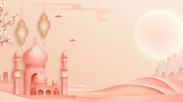 Бронзовый и бежевый исламский фон с мечетью и фонарями