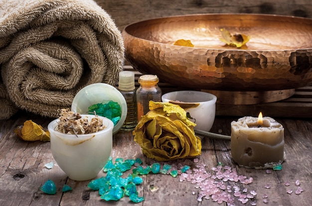 Bronze bowl with water and accessories spa treatments