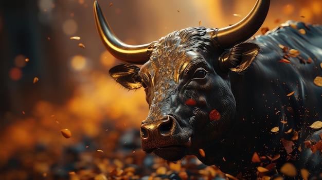 A bronze bull with brown granules representing the current situation of the market is shown against a vibrant yellow-orange background. This CG artworks core concept is stock market investment.