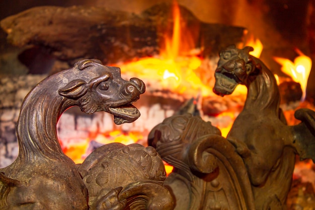 Foto teste di drago in bronzo con il fuoco nel camino sullo sfondo