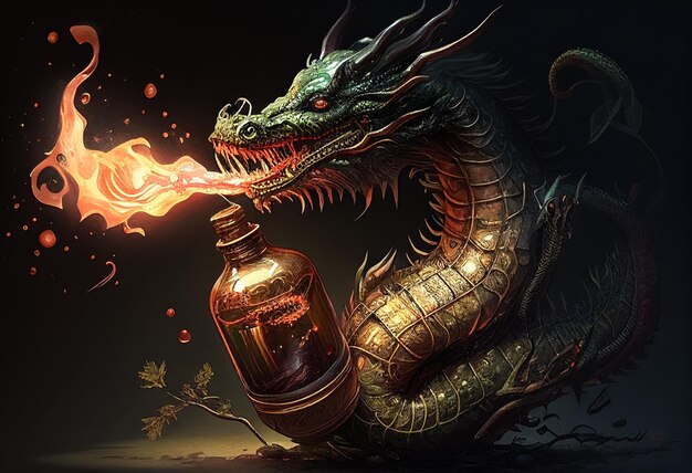 Фото Бронзовый дракон извергает огонь.