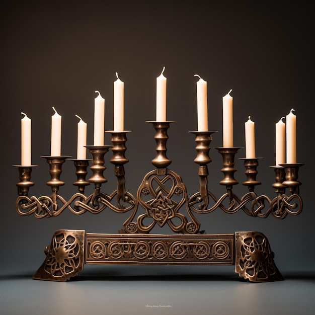 Bronze hanukkah menorah with burning candles