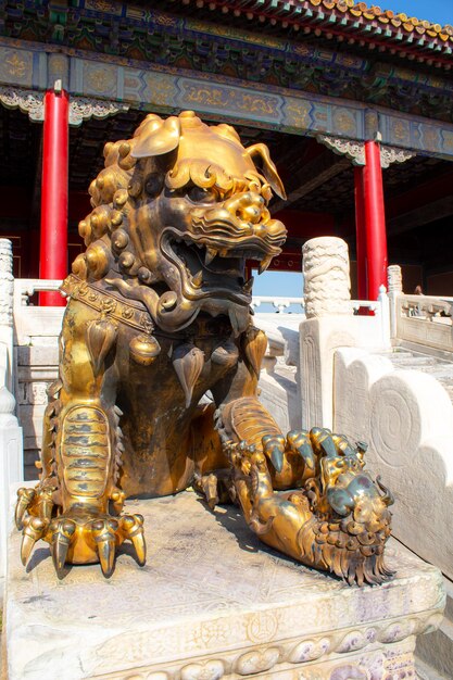 The bronze lion in the forbidden city Beijing China Vertical background image