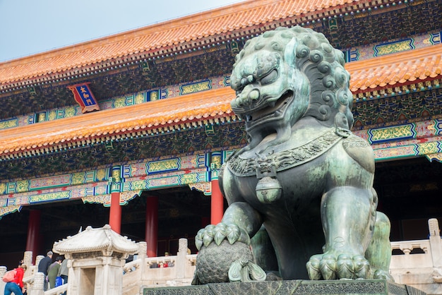 Bronze lion in front of the Hall of Supreme Harmony in Beijing Forbidden City