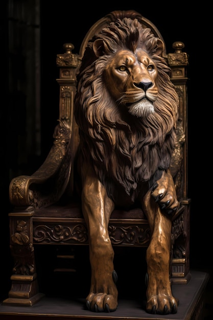 A bronze lion sits in a chair with a crown on it