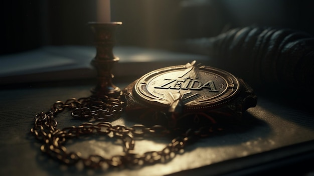 A bronze medallion with the word zelda on it sits on a table.