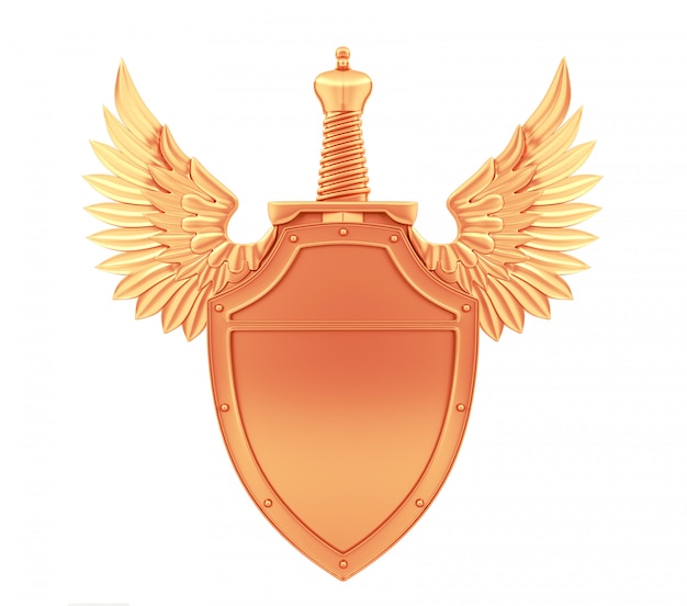 Bronze metal shield with wings and sword, 3D Rendering