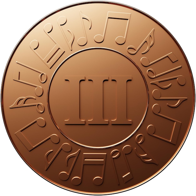 Bronze musical medal with treble clef for third place isolated on white background 3d illustration