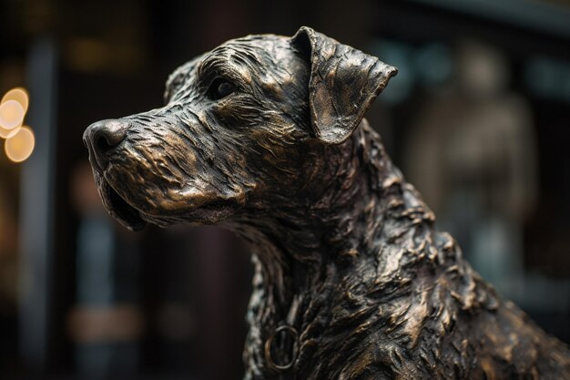 A bronze sculpture of a dog with the word terrier on it