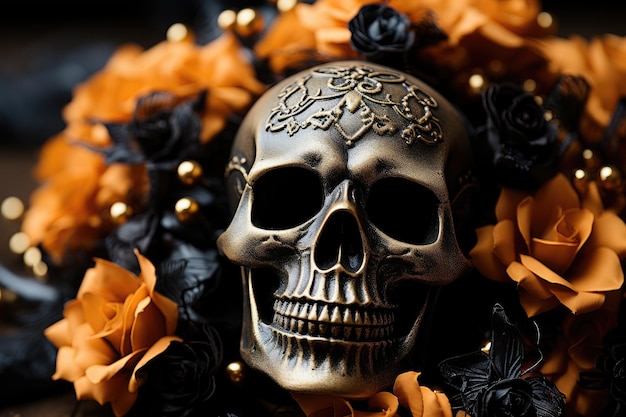 Bronze skull decorated with black and orange roses The day of the Dead Generative AI