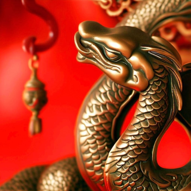 Foto una statua in bronzo di un drago su uno sfondo rosso
