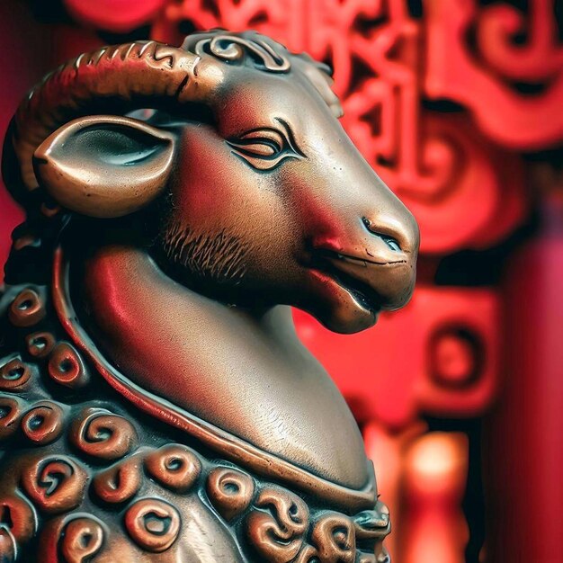 a bronze statue of a ram on a red background