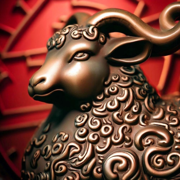 a bronze statue of a ram on a red background