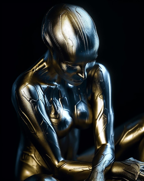 A bronze statue of a woman with a black background