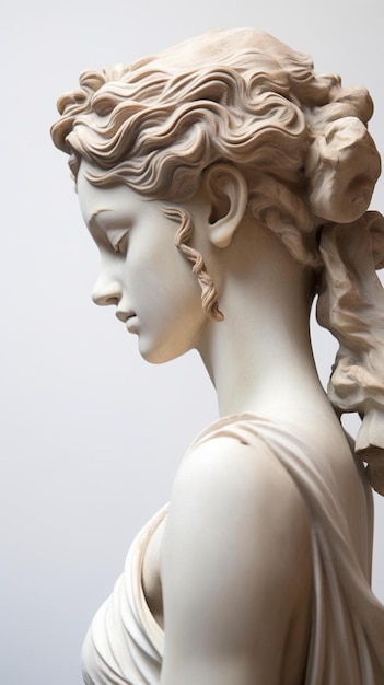 a bronze statue of a young woman with her hair curled up.