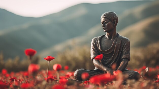 Bronze statuette of meditating male yogi among red flowers against breathtaking mountain landscape