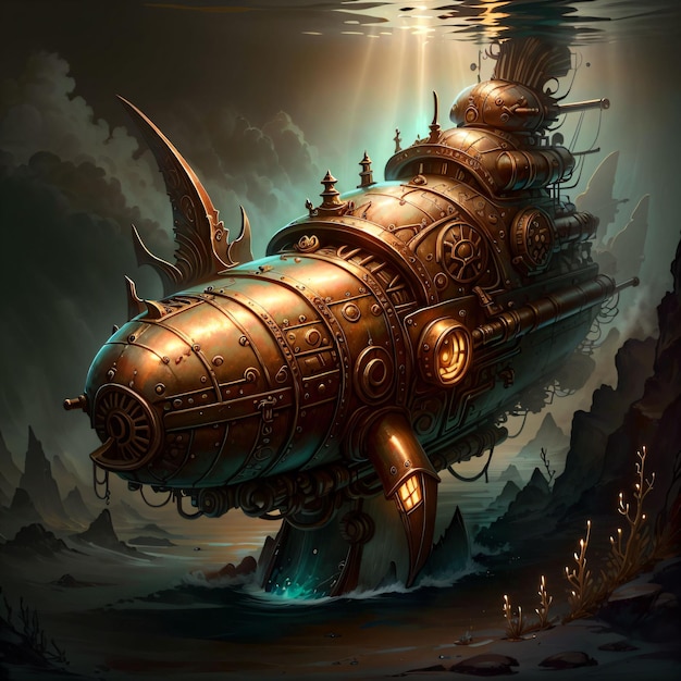 bronze submarine under water