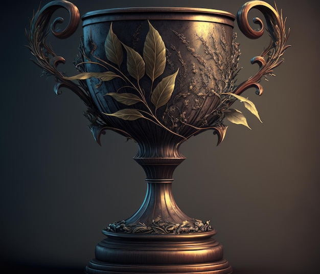 A bronze trophy with leaves and flowers on it.