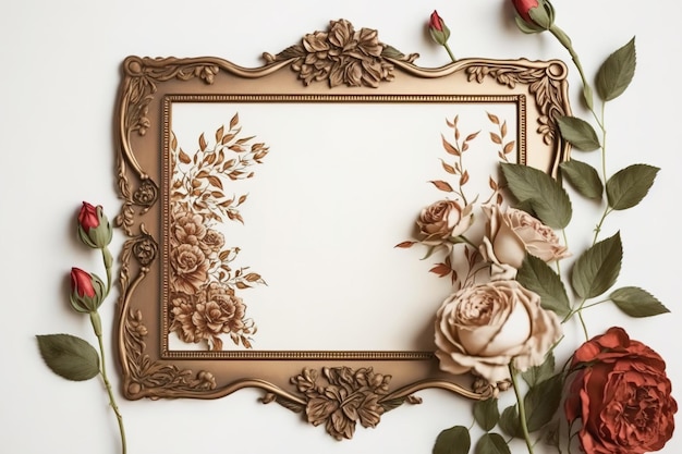 Bronzen vintage frame 10x15 met rode en witte rozen bloeiwijzen op witte achtergrond Design mockup