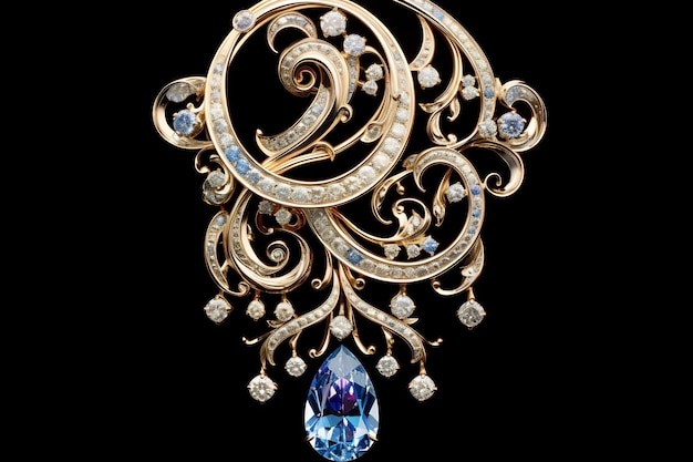 a brooch with a blue diamond and diamonds on it