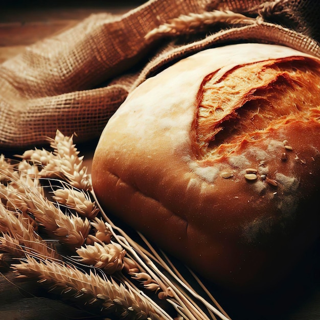 brood brood en tarwe oren en zak op houten achtergrond