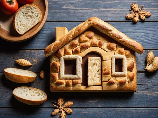 Brood en boter in de vorm van een huis op een houten achtergrond Generatieve AI