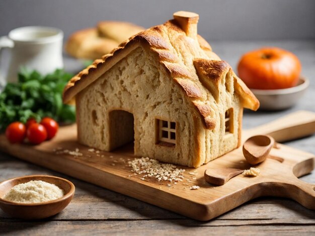 Brood en boter in de vorm van een huis op een houten achtergrond Generatieve AI