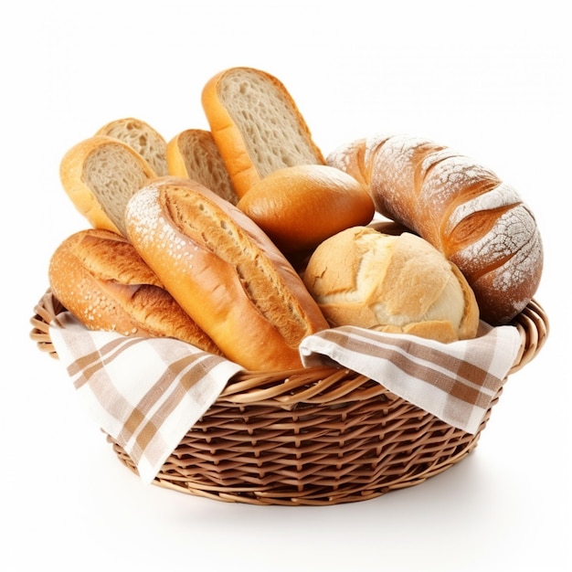 Brood en broodjes in rieten mand geïsoleerd op een witte achtergrond