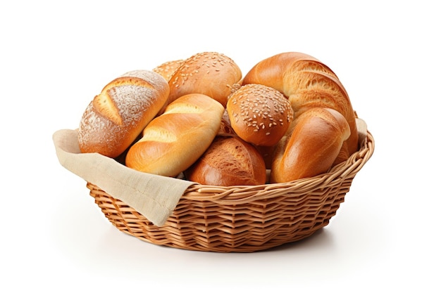 Brood en broodjes in rieten mand op wit