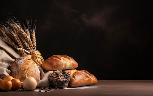 Brood en eieren op een tafel met een donkere achtergrond