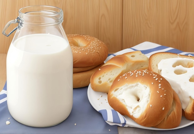Brood en melk in een kruik op een oude achtergrond