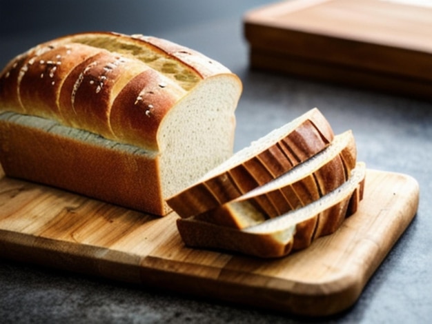 brood gesneden op een houten snijplank tegen een donkere betonnen achtergrond