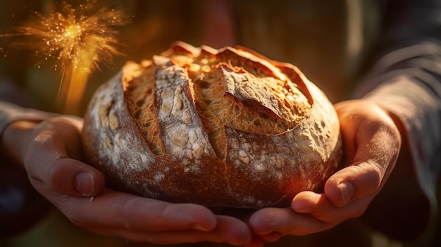 Brood in de handen van een man Closeup generative ai