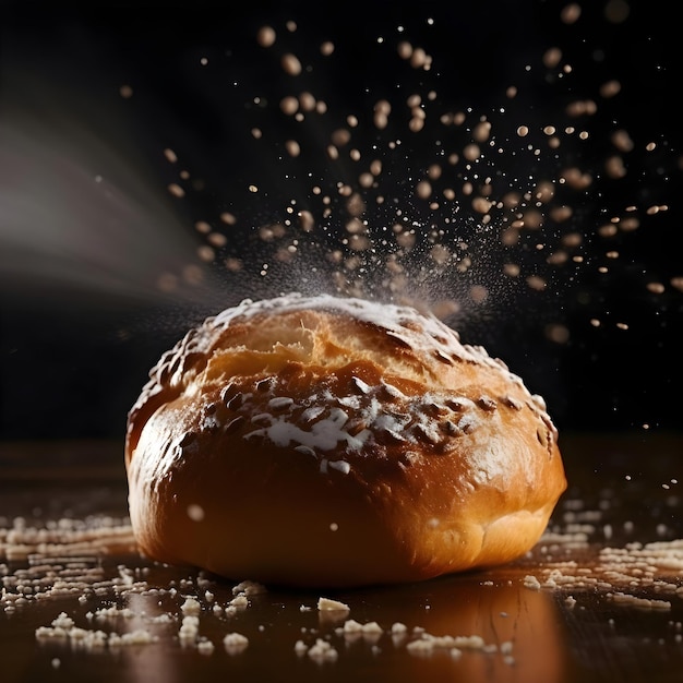 Brood met bloem vallen op tafel op donkere achtergrond bakken concept