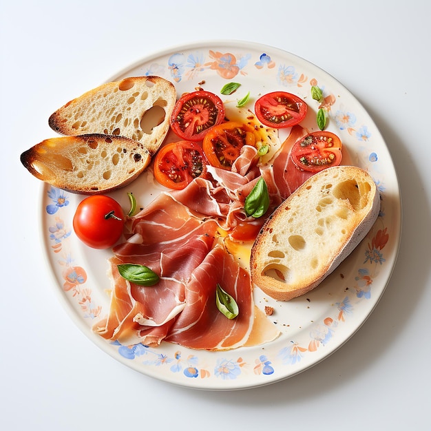 Foto brood met parma ham en tomaten op een wit bord