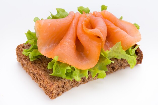 Brood met verse zalmfilet geïsoleerd op een witte ondergrond, bovenaanzicht.