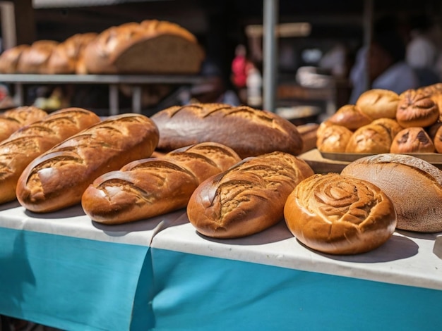 brood op een tafel met een blauwe doek erover