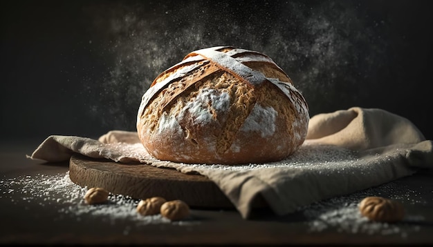 Brood van versgebakken brood op een donkere achtergrond generatieve AI