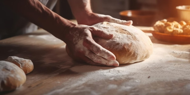 Broodbereiding handen kneden van deeg op tafel Generatieve AI