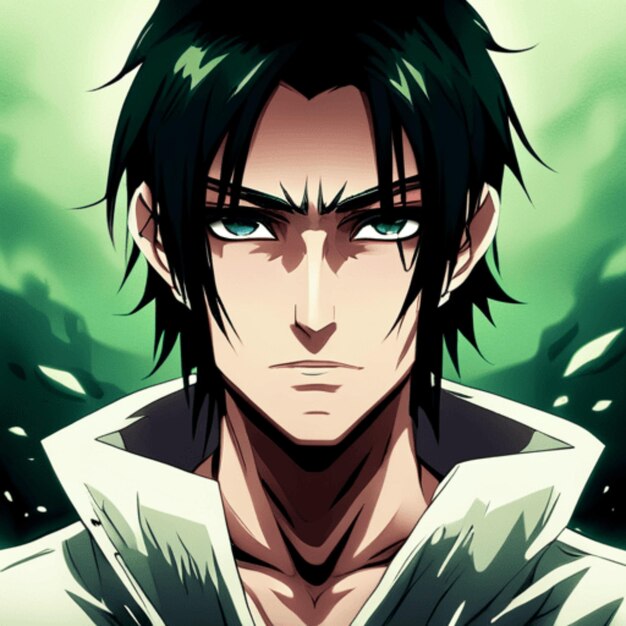 A brooding and mysterious anime boy with jet black hair and piercing eyes