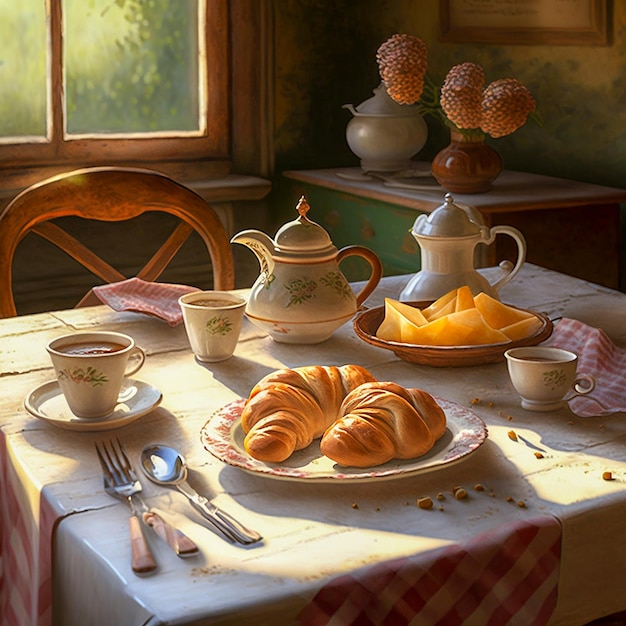Broodje croissant met chocolade en theegerei op tafel Op de achtergrond is een raam