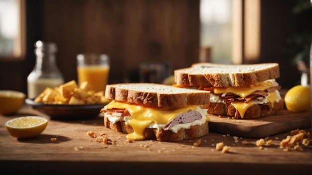 broodje met gemengde ingrediënten en friet op een houten plank