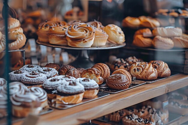 broodjes en cakes op de planken van de bakkerij