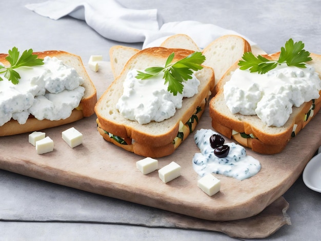 Broodjes met kwark en brood met olijven op een grijze tafel ai gegenereerd