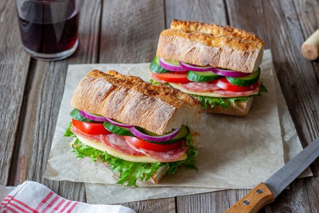 Broodjes met worst, kaas en groene salade